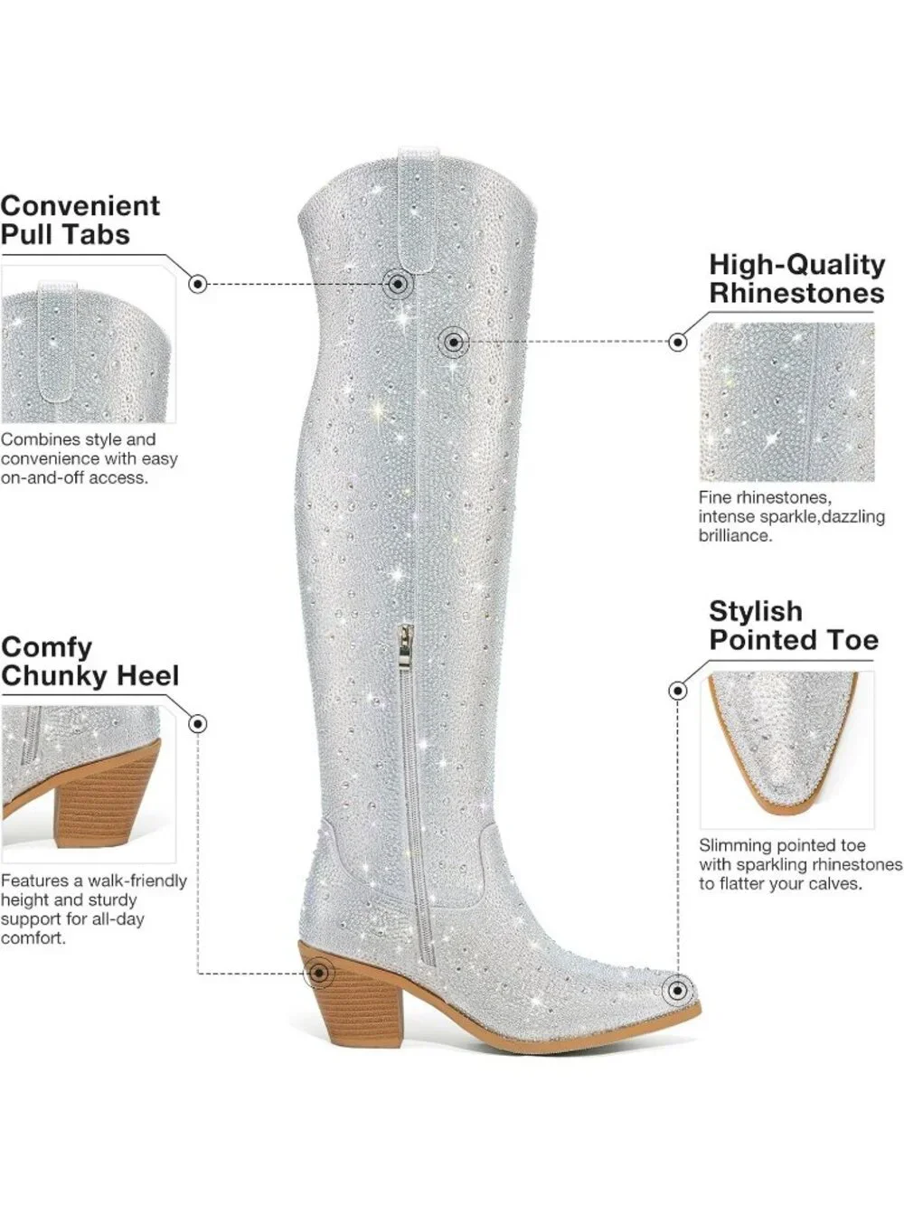 Women’s Silver Over the Knee Cowgirl Boots Pointed Toe Thigh High Chunky Heel